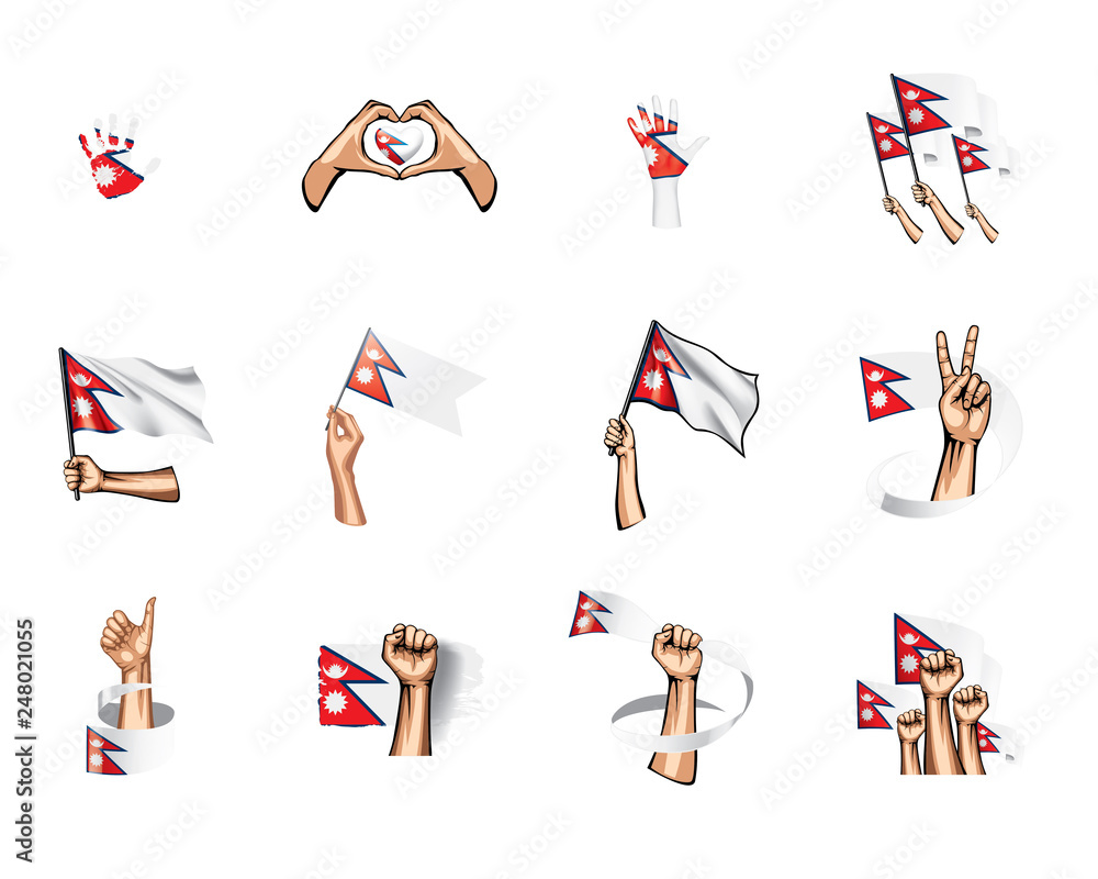 Nepal flag and hand on white background. Vector illustration Nepal flag and hand on white background. Vector illustration