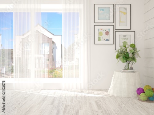 White minimalist empty room. Scandinavian interior design. 3D illustration