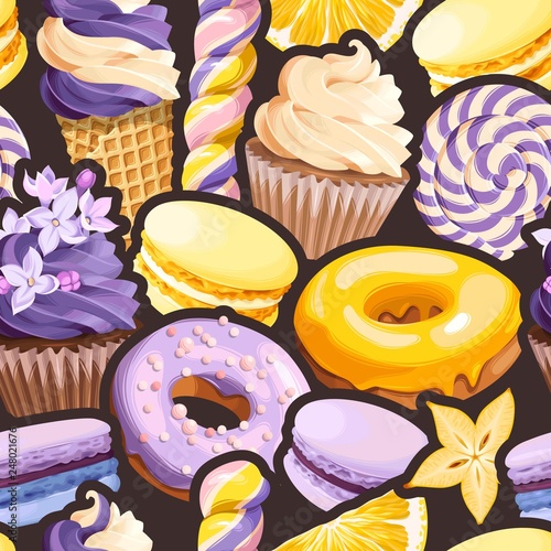 Seamless pattern with lilac and yellow sweets