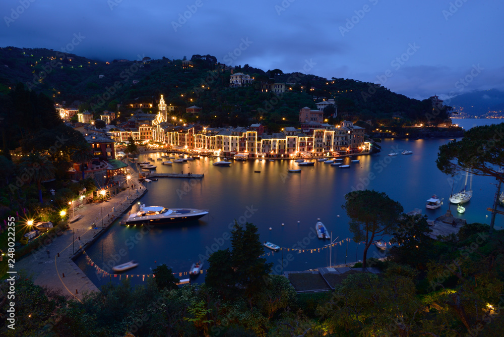 Portofino skyline at blue hour in summer time , Italy coast line 