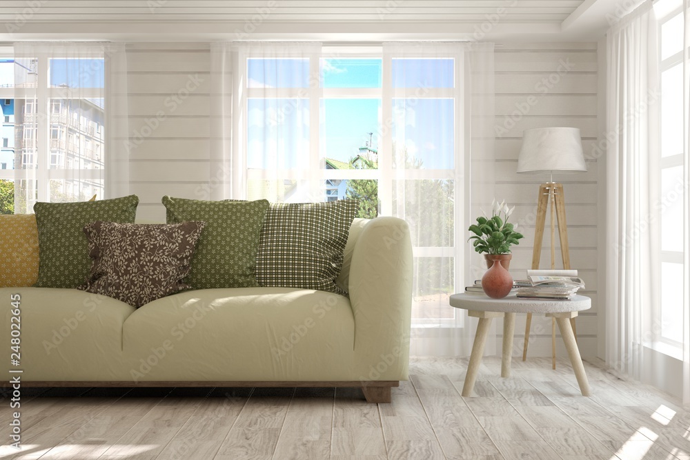 White stylish minimalist room with sofa. Scandinavian interior design. 3D illustration White stylish minimalist room with sofa. Scandinavian interior design. 3D illustration