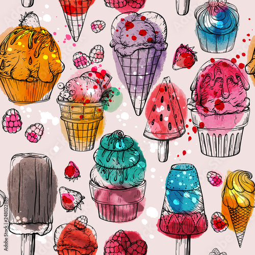 Seamless pattern with yummy, colorful watercolor ice cream and cupcakes .