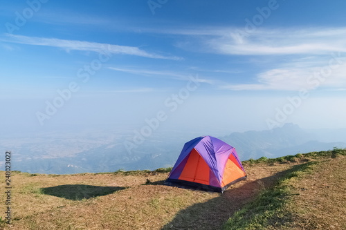 view of a tents on the ground with blue sky background, Phu Tub Berk, Phetchabun, Thailand.