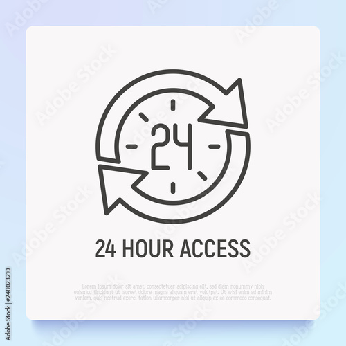 24 hour access thin line icon: clock in arrows. Modern vector illustration of day and night service. photo