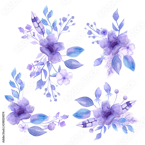 Fototapeta Naklejka Na Ścianę i Meble -  Watercolor compositions and bouquets of watercolor tender lilac flowers. For registration of cards, notebooks, invitation. Isolates.