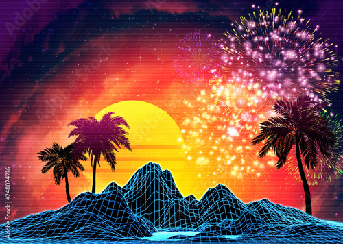 Vaporwave landscape with rocks and palms photo