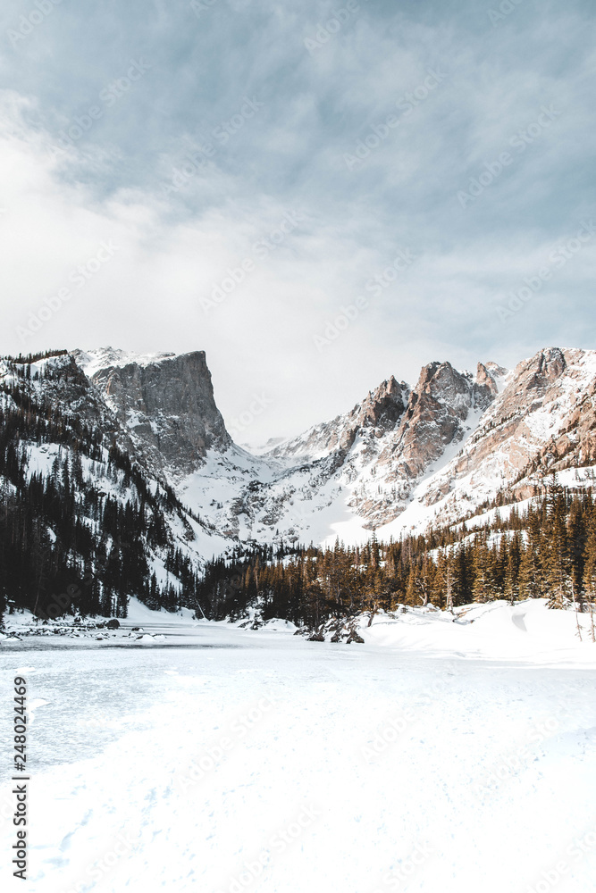 Frozen Mountain Lake with Mountains in Snow