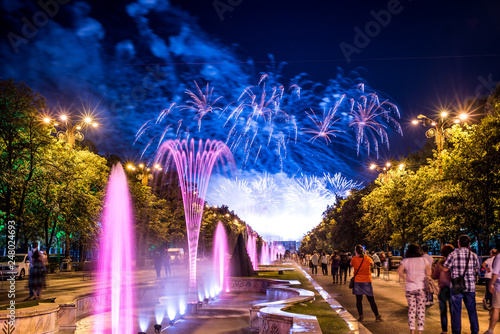 Fototapeta Naklejka Na Ścianę i Meble -  Fireworks over Bucharest night sky , Romania celebration  centenary 