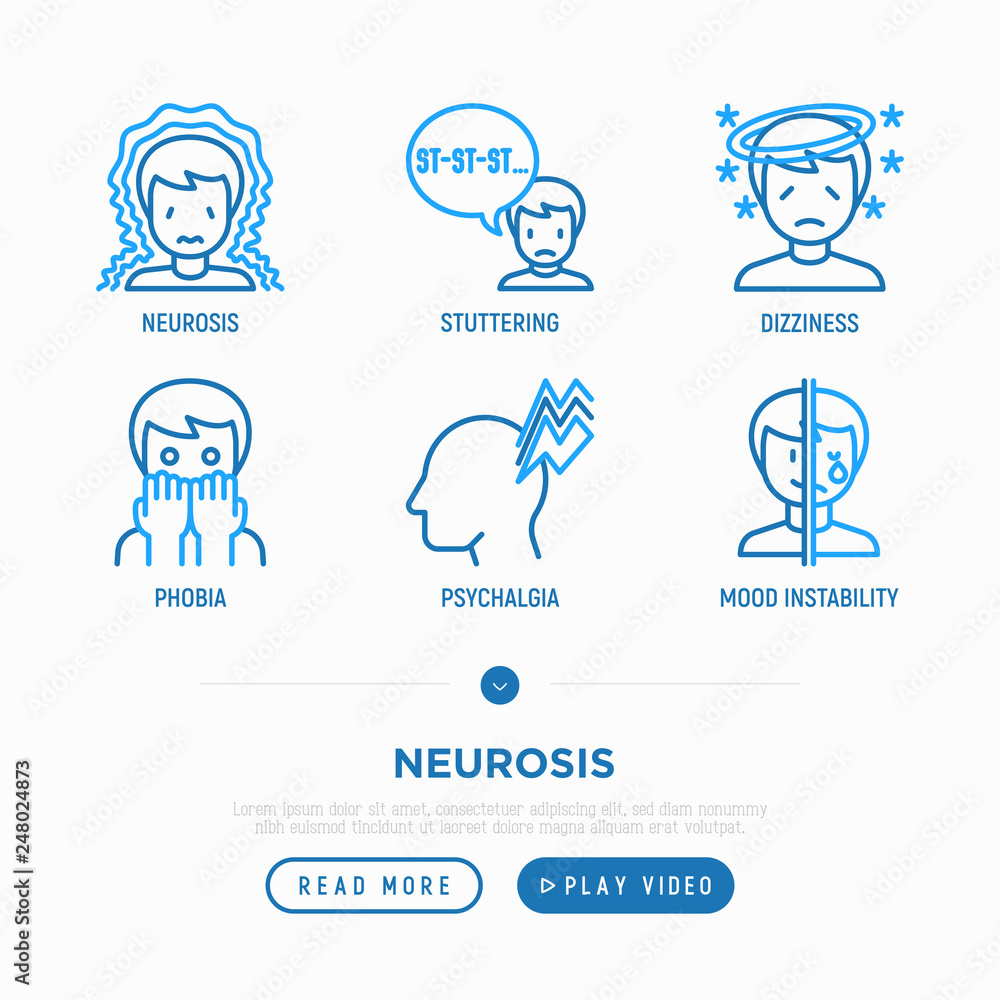 Neurosis thin line icons set: panic attack, despair, phobia, mood instability, stuttering, dizziness. Modern vector illustration. Neurosis thin line icons set: panic attack, despair, phobia, mood instability, stuttering, dizziness. Modern vector illustration.