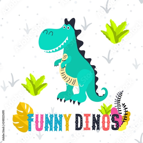 Adorable little dinosaur vector illustration for kids fashion  funny dino in cartoon style. Ideal for cards  invitations  party  banners  kindergarten  baby shower  preschool and children room