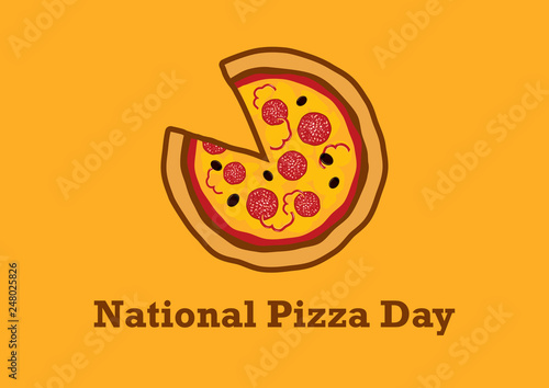 National Pizza Day vector. Pizza isolated on a orange background. Pepperoni Pizza vector illustration. American food holiday