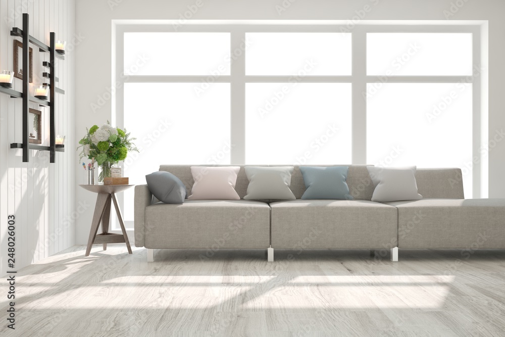 White stylish minimalist room with sofa. Scandinavian interior design. 3D illustration White stylish minimalist room with sofa. Scandinavian interior design. 3D illustration