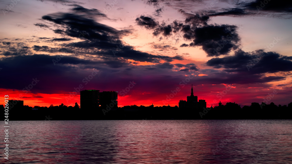 Bucharest cityscape red sunset , Romanian capital 