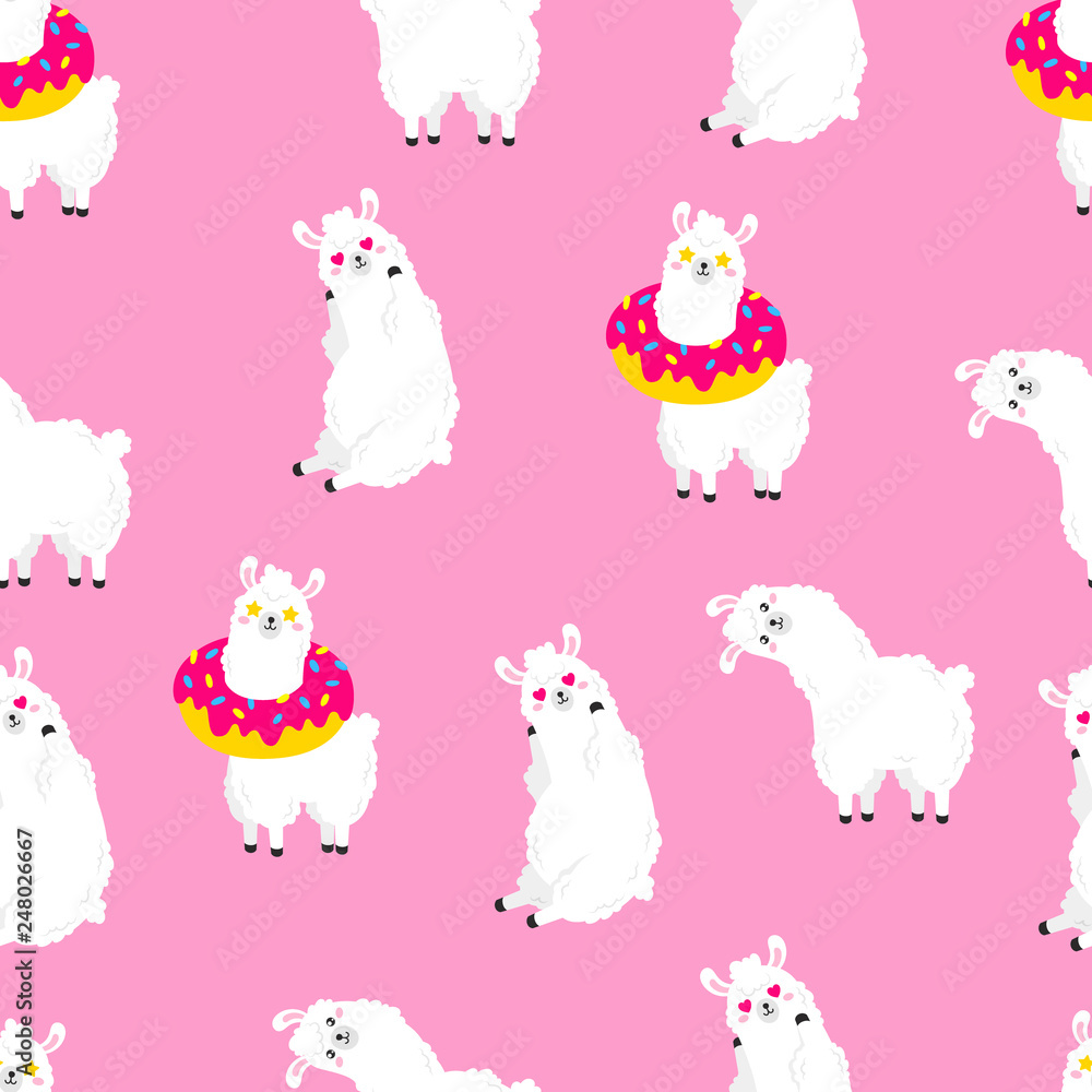 Funny cartoon pattern with cute llamas. Vector Doodle Illustration. Seamless wallpaper, background. Template for design, print, cards, textiles, wrappers Funny cartoon pattern with cute llamas. Vector Doodle Illustration. Seamless wallpaper, background. Template for design, print, cards, textiles, wrappers