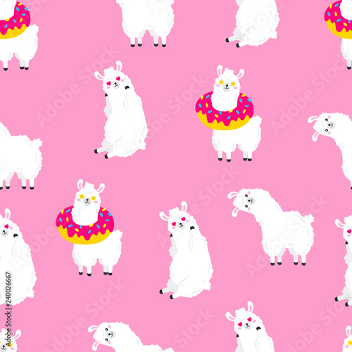 Funny cartoon pattern with cute llamas. Vector Doodle Illustration. Seamless wallpaper, background. Template for design, print, cards, textiles, wrappers
