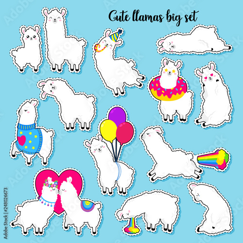 Collection of cute vector llamas. Set of stickers, patches. Doodle illustration. Template for cards, textiles, advertising, web design