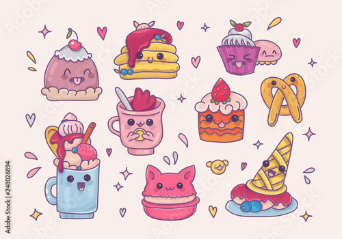 Set of kawaii dessert cartoon vector icons