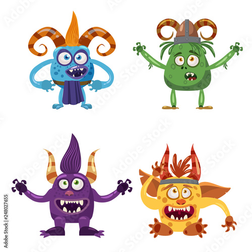 Wallpaper Mural Set of cute funny characters troll, bigfoot, yeti, imp, with different emotions, cartoon style, for books, advertising, stickers, vector, illustration, banner, isolated Torontodigital.ca