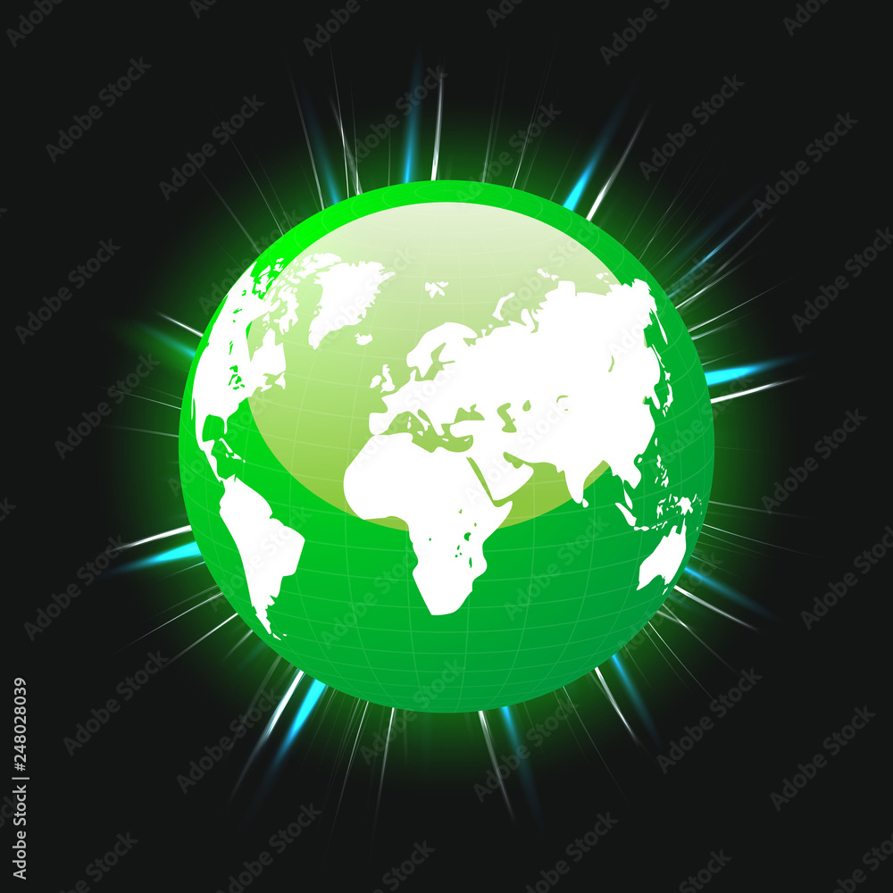 Green planet earth and world map colorful light beams, vector