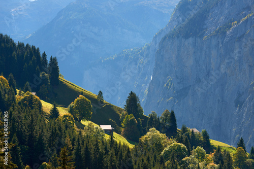 Impressive mountain scenery with rural view at foreground near village of Wengen in Lauterbrunnen valley in Switzerland.