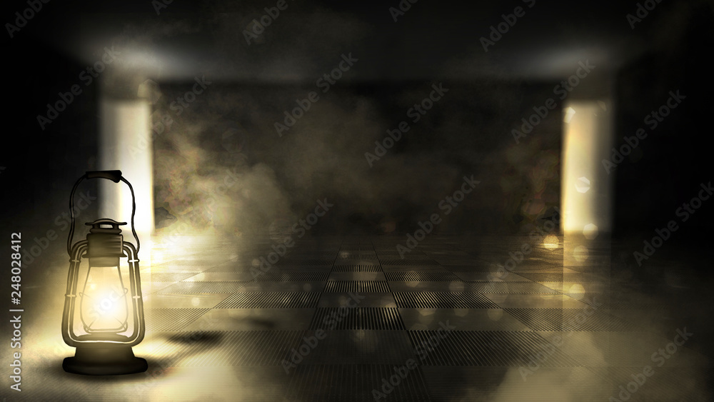 Dark room, wooden table, night lantern, magic, empty scene of a dark room, night light. Dark room, wooden table, night lantern, magic, empty scene of a dark room, night light.