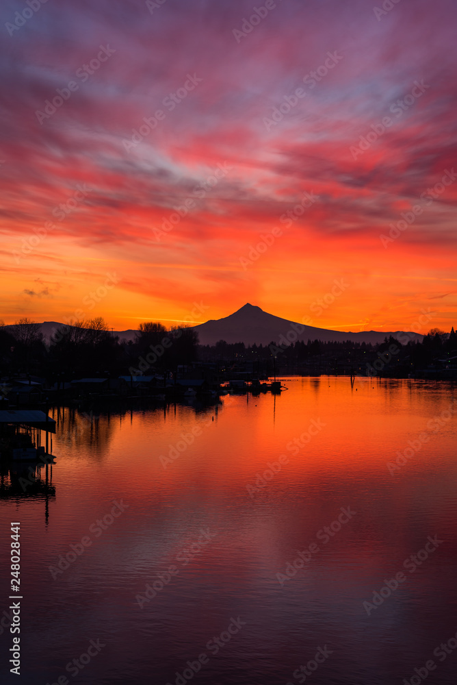 explosive sunrise colors over Mt Hood and the Columbia River