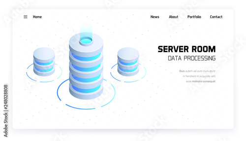 Server room vector isometric illustration, big data processing, futuristic technology