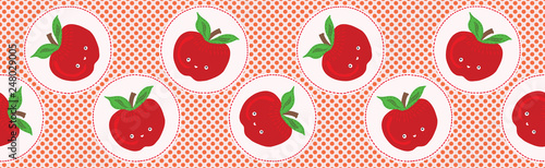 Cute apple polka dot vector illustration. Seamless repeating border pattern. Hand drawn kawaii dotty whole apples background. 1950's style retro kitchen decor, kid banner ribbon trim, 5aday fruit tape photo