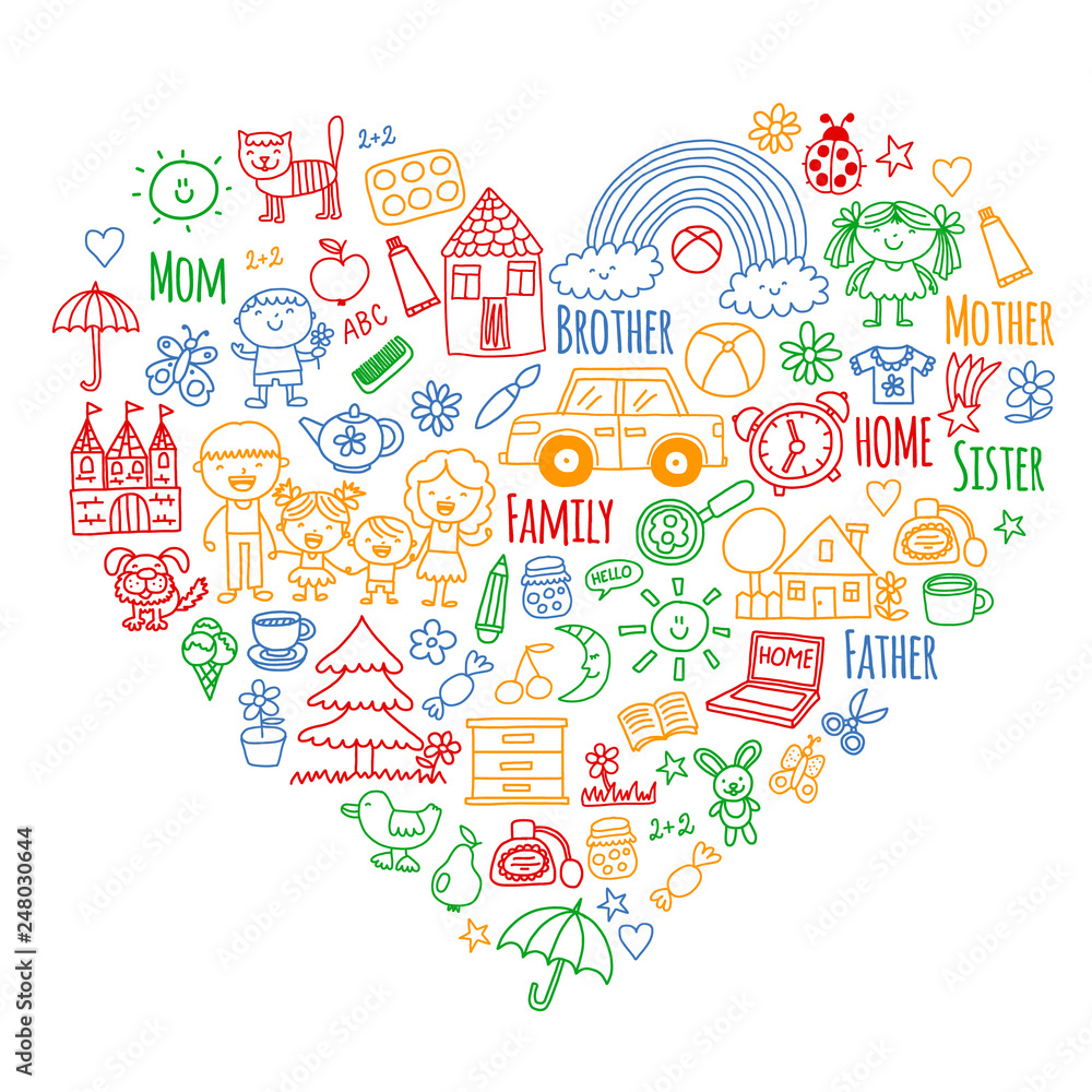 Household, family. Vector pattern. Parents with little children