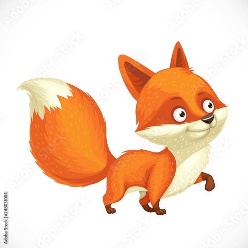 Cute little fox with fluffy tail stands on a white background