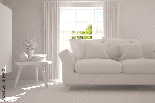 Stylish minimalist room with sofa in white color. Scandinavian interior design. 3D illustration