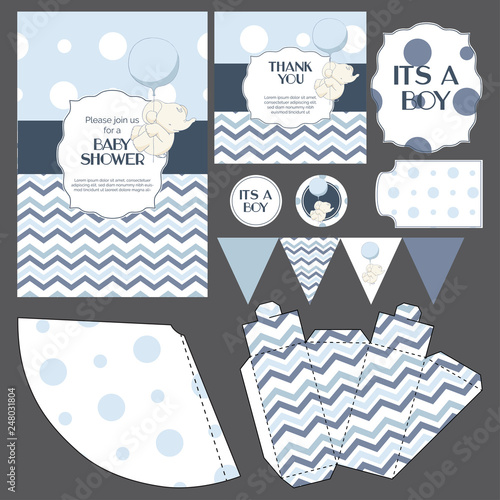 Baby shower templates set cute elephant, invitation, thank you card, banners, stickers, gift box decorations classic design in tender colors "it's a boy"
