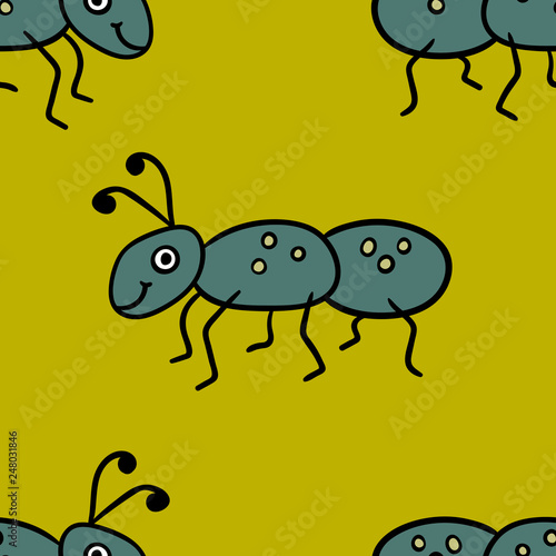 Seamless pattern with cute cartoon doodle linear ant isolated on background. Vector illustration. 