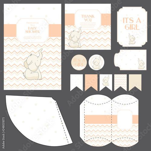 Baby shower templates set cute baby elephant, invitation, thank you card, banners, stickers, gift box decorations classic design in tender colors "it's a girl"