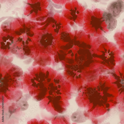 Seamless colorful transparent watercolor blurry pattern with red abstract peony, poppy and rose.