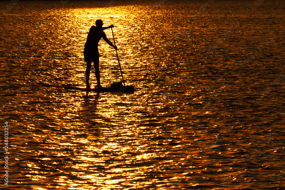  Paddling board on the lake at sunset silhouette