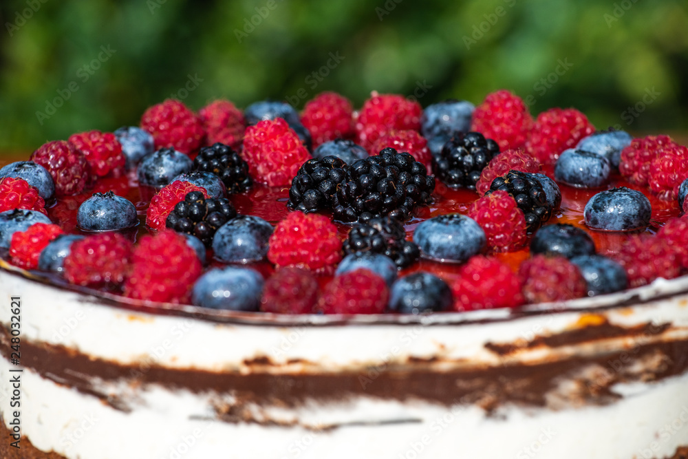 Fresh birthday cake with forest fruit closeup detail Fresh birthday cake with forest fruit closeup detail