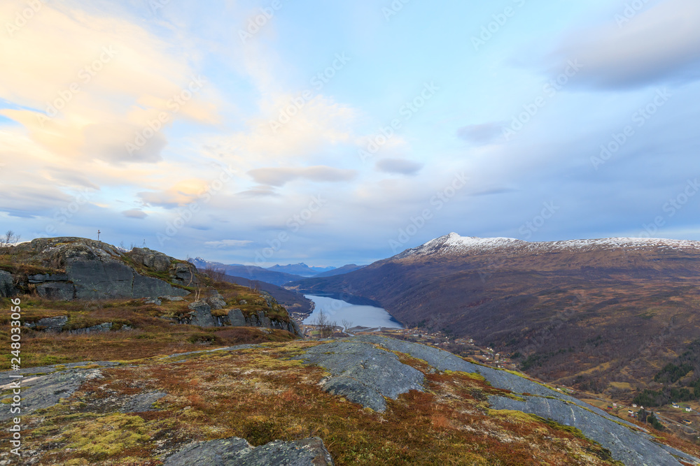 Fjord Gratangen, view from mountain Snolke, sunrise winter