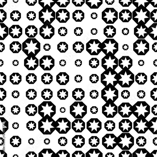 Abstract messy halftone seamless pattern with star, hexagon, geometric shapes. Vector illustration. 