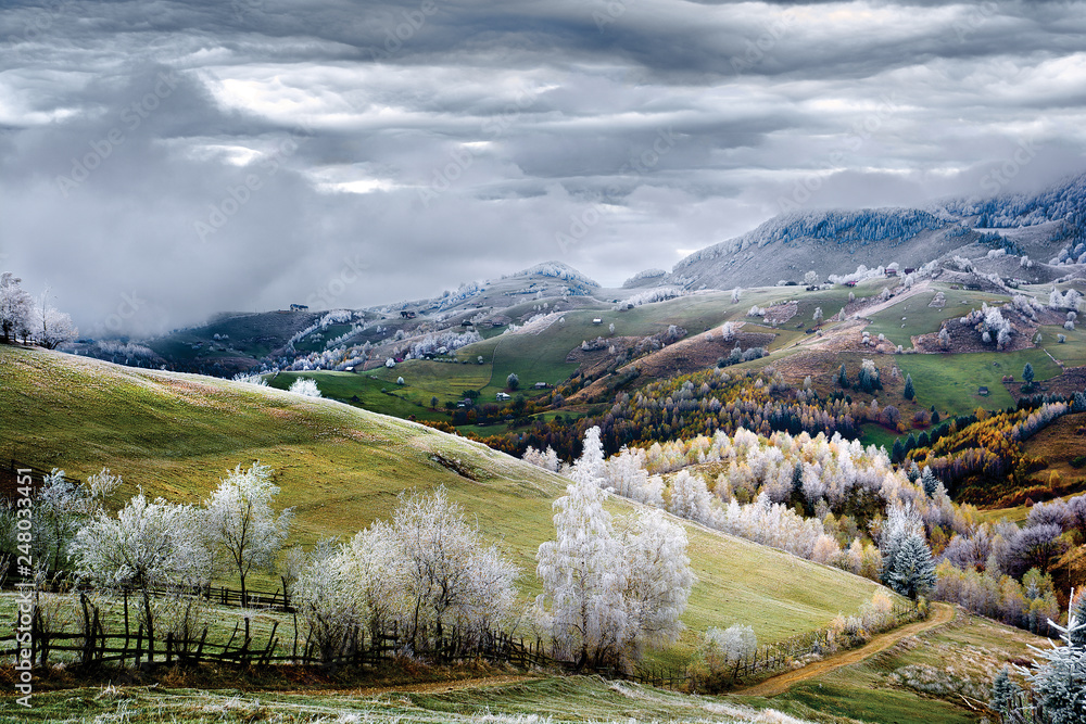 Romanian mountain in autumn time with frost , Transylvania landscape