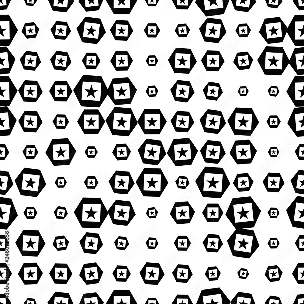 Abstract messy halftone seamless pattern with star, hexagon, square geometric shapes. Vector illustration. Abstract messy halftone seamless pattern with star, hexagon, square geometric shapes. Vector illustration.