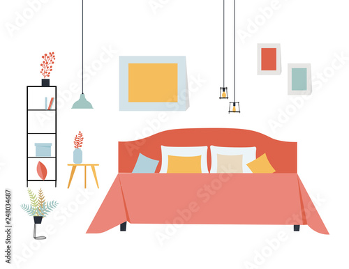 Simple flat vector illustration of a bedroom with a double bed, a shelf with things, a table and potted plants and three hanging lamps on white background