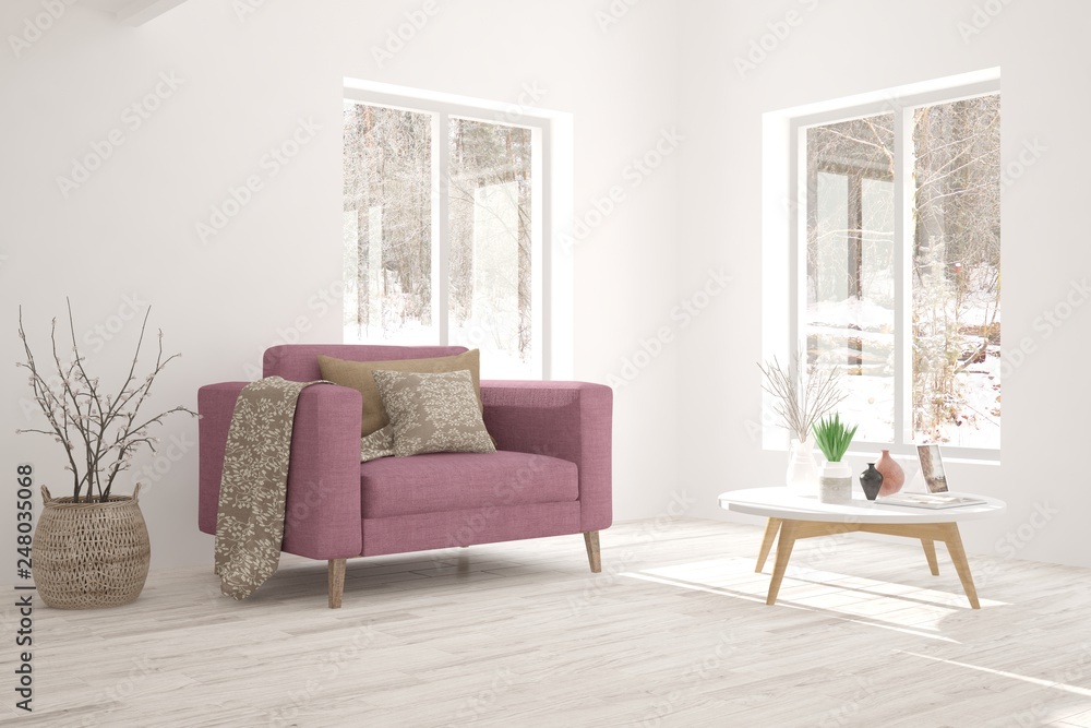 White stylish minimalist room with armchair and winter landscape in window. Scandinavian interior design. 3D illustration White stylish minimalist room with armchair and winter landscape in window. Scandinavian interior design. 3D illustration