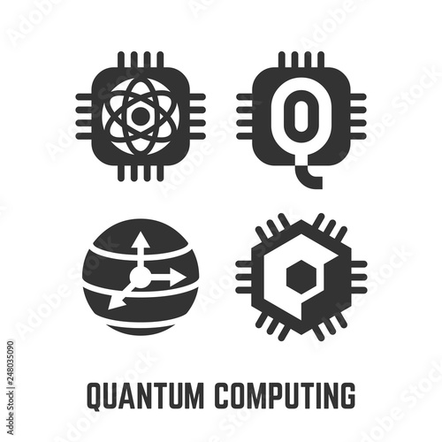 Quantum computing black glyph silhouette icon set with future intelligence computer qubits processor chip and sphere symbol.