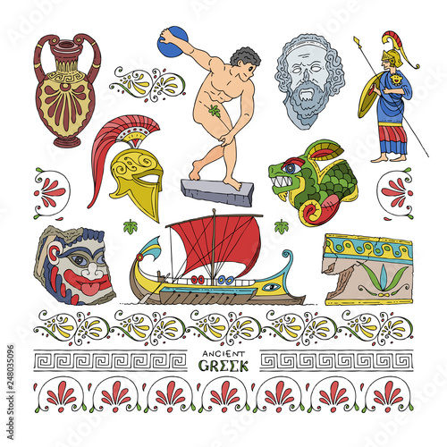 Vector sketch drawing color illustration of ancient Greek color symbols: discobolos, greece ship, border ornament, antique artifacts, homer sculpture, athena, myth medusa, helmet and jug objects.