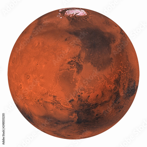 Planet Mars with polar ice isolated on white background. Elements of this image furnished by NASA.
