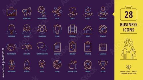 Business isolated yellow editable stroke outline icon set on a dark violet background with marketing, management, social, loyalty, service, retention, customer and more thin line sign.