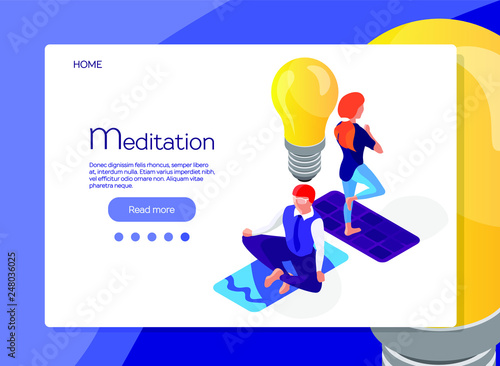 Web page design template. Flat isometric illustration. Businessman and woman doing meditation and get new idea. Business idea concept