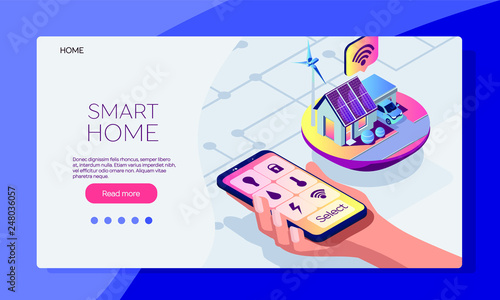 Smart house mobile app. Smart house service isometric template.  Icons in mobile phone. Smart phone in human hand. Vector flat illustration on a white background. Alternative energy sourses