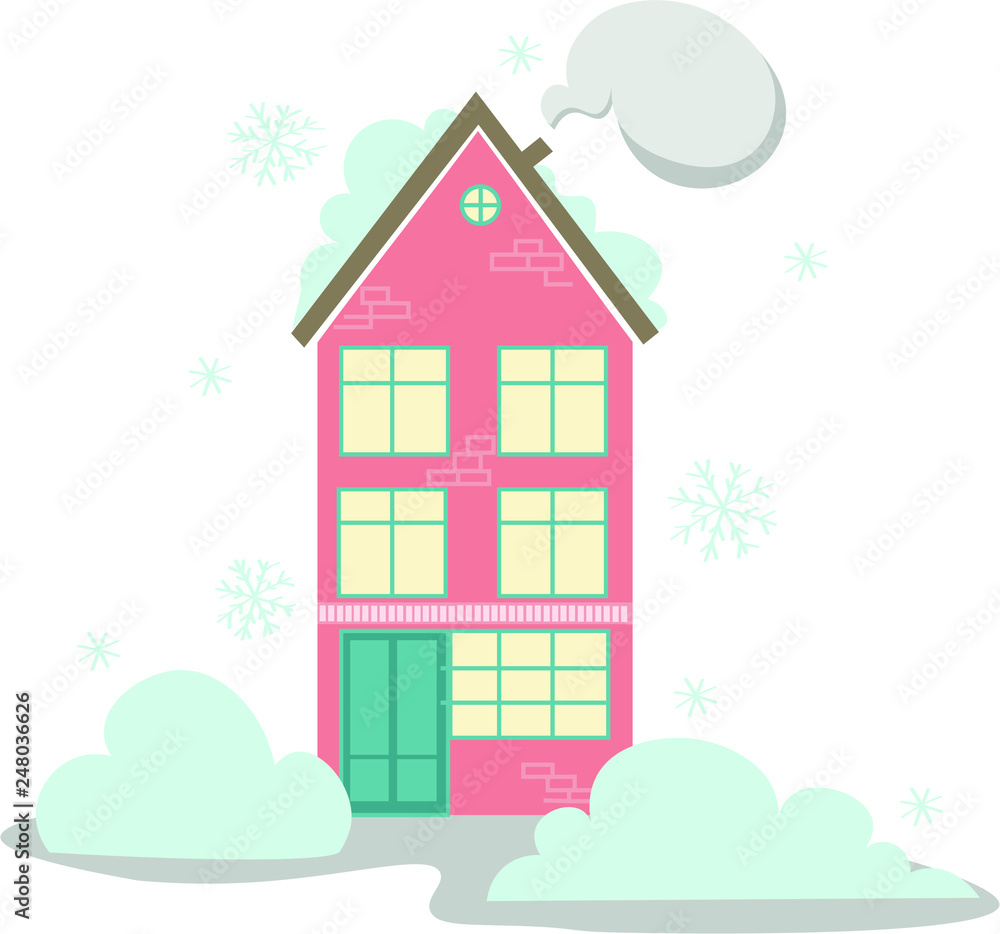 Vector card with winter city landscape. Winter houses. Vector illustration. 